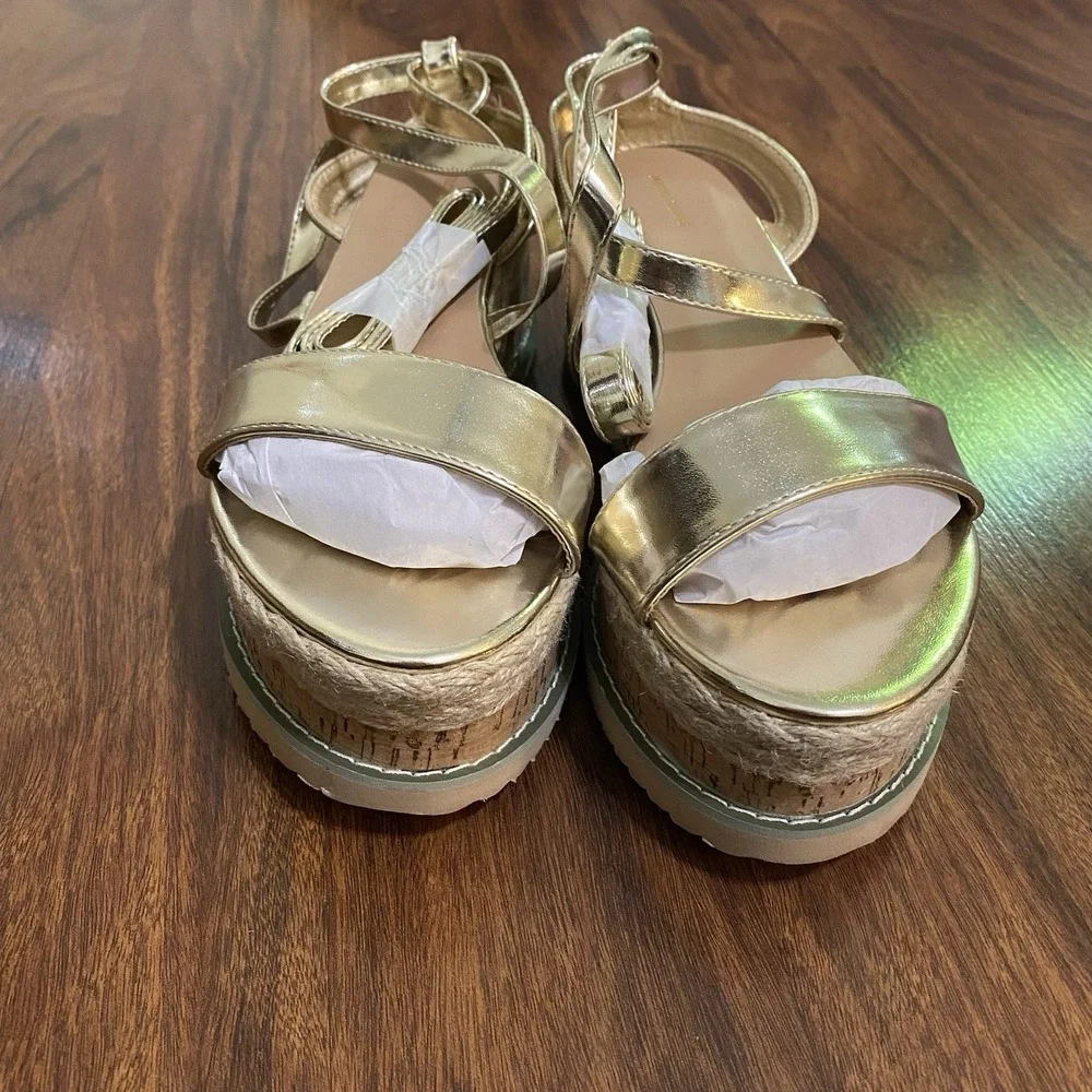 PrettyLittleThing Gold Espadrille Lace-up Platform Sandals SZ 38 / US 7.5 NIB